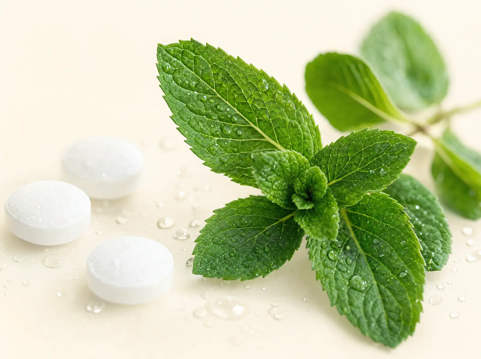 Fresh mint leaves and clean sugar-free mint tablets
